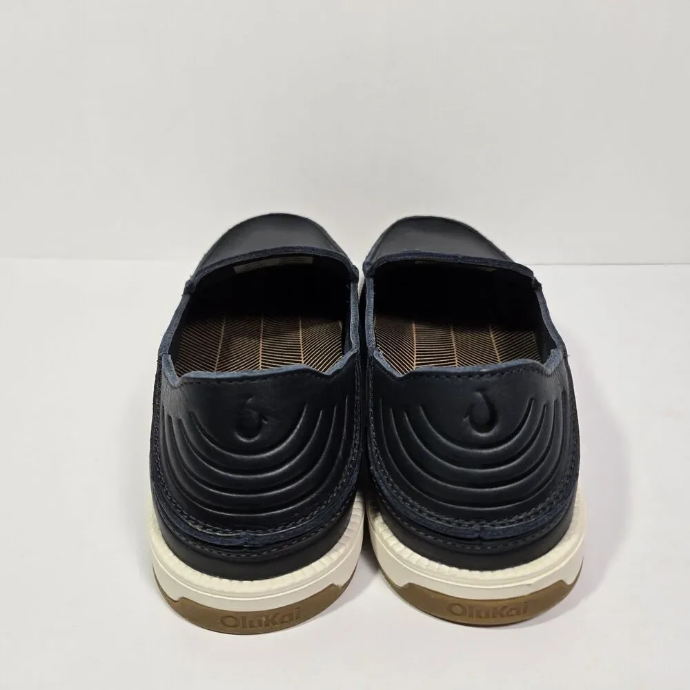 $140 Olukai Kākaha Nia Mens 11 Leather Slip On Shoes Loafer Casual Indigo Blue